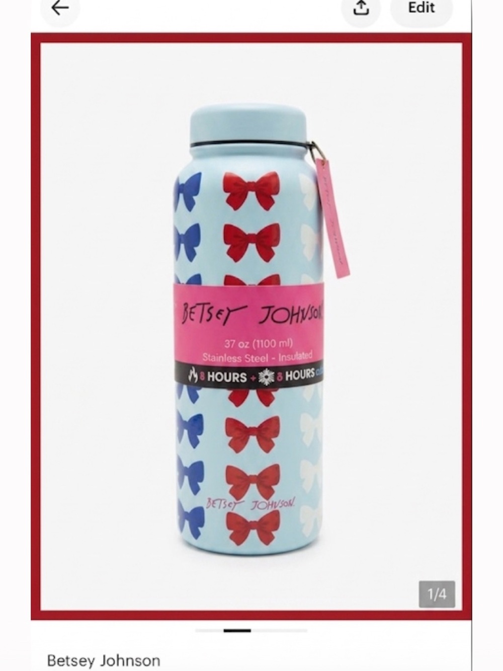Betsey Johnson Red, Blue, White Bow Pattern Stainless Steel Tumbler 8hrs cold